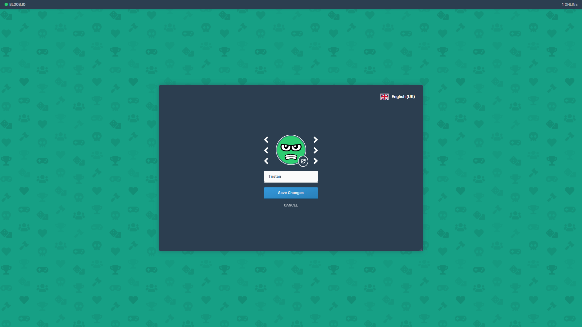 A screenshot showing the character customisation screen on Bloob.io. This also includes locale options.