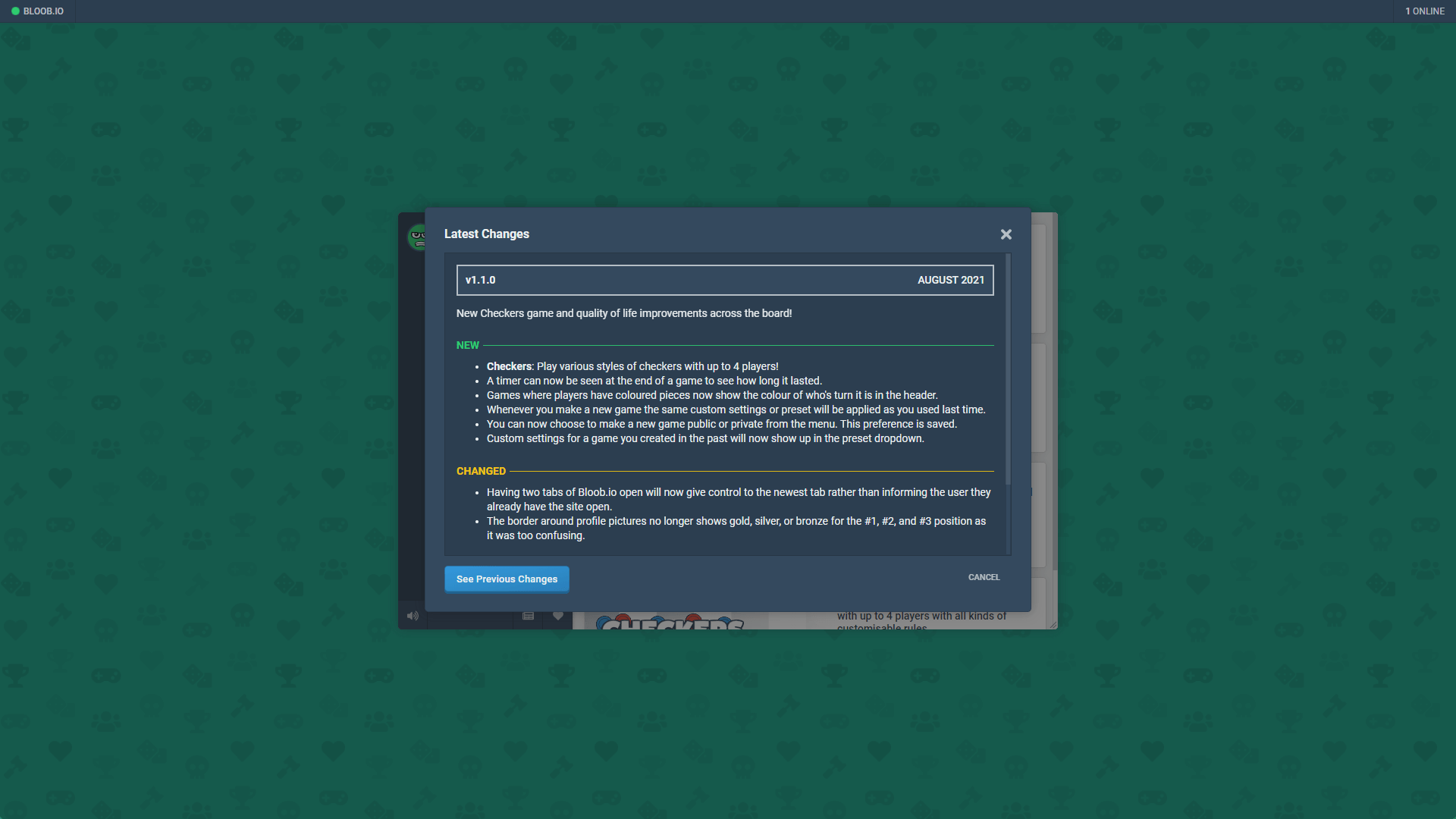 A screenshot showing the the latest changes popup for Bloob.io.