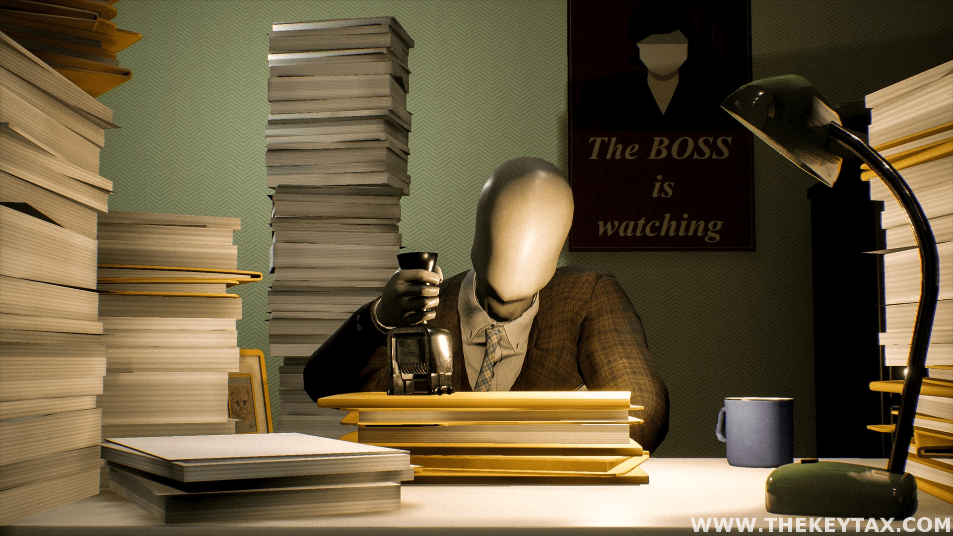 A mannequin stamping paperwork in an office environment.