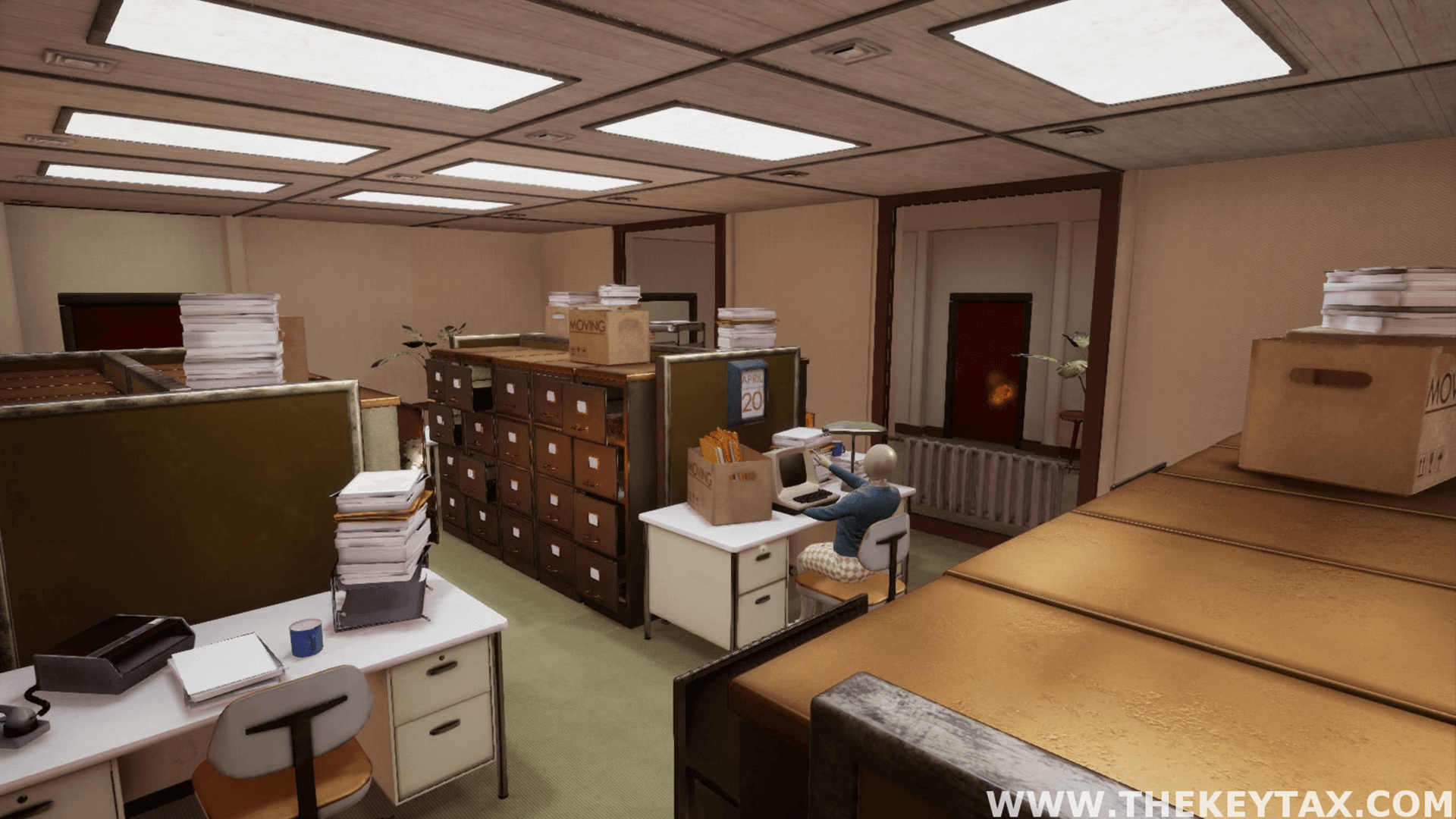 A 1970s office environment is seen with many props, including paperwork, desks, old computers, a mannequin typing, chairs, plants, and cups.