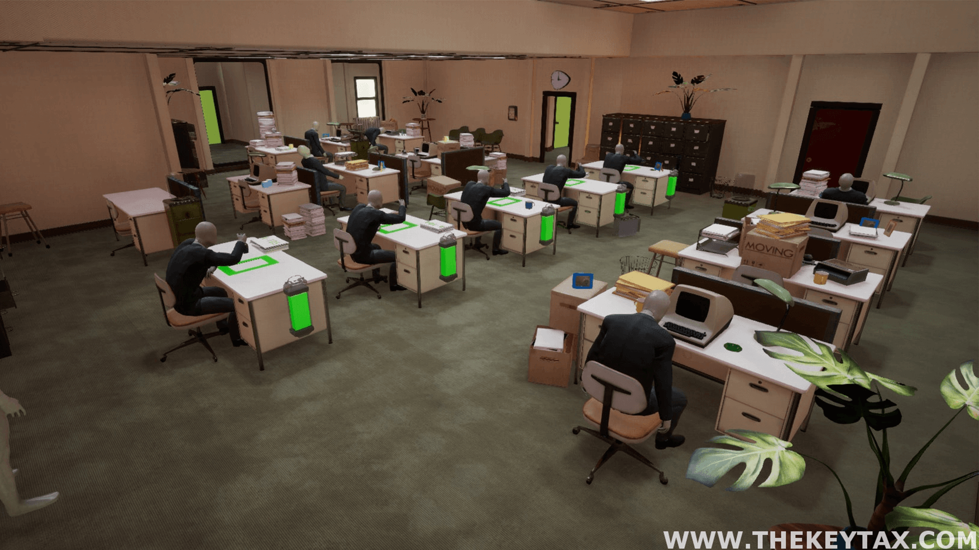 An office is seen with a lot of working mannequins, stamping on their desks and bumping their heads. This environment also serves as the set for a puzzle in the game.